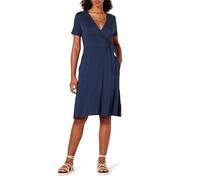 Amazon Essentials Women's Short-Sleeved Polka Dot Faux-Wrap Dress, Navy, XS