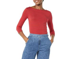 Amazon Essentials Women's Slim-Fit 3/4 Sleeve Solid Boat Neck T-Shirt, Red Burgundy Stripes, M