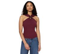 Amazon Essentials Women's Slim-Fit Ribbed Halter Neck Top with Resin Detail, Dark Burgundy, S