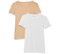 Amazon Essentials Women's Slim-Fit Short-Sleeve Crewneck T-Shirt, Pack of 2, White/Light Camel, L