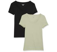 Amazon Essentials Women's Slim-Fit Short-Sleeve V-Neck T-Shirt, Pack of 2, Black/Sage Green, XS