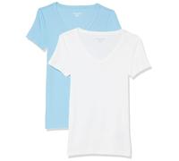 Amazon Essentials Women's Slim-Fit Short-Sleeve V-Neck T-Shirt, Pack of 2, White/Light Blue, L