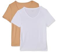 Amazon Essentials Women's Slim-Fit Short-Sleeve V-Neck T-Shirt, Pack of 2, White/Light Camel, S