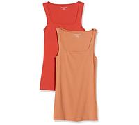 Amazon Essentials Women's Slim-Fit Square Neck Tank Top, Pack of 2, Brick Red/Light Caramel, M