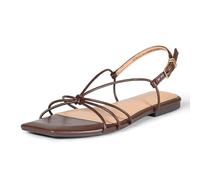 Amazon Essentials Women's Strappy Flat Sandals, Brown Faux Leather, 10