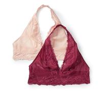 Amazon Essentials Women's Stretch Galloon Lace Halter Bralette, Pack of 2, Burgundy/Soft Petal, XS
