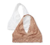 Amazon Essentials Women's Stretch Galloon Lace Halter Bralette, Pack of 2, Washed Bronze/White, L