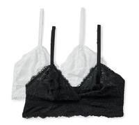 Amazon Essentials Women's Stretch Galloon Lace Unlined Longline Triangle Bralette, Pack of 2, Black/White, L