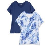Amazon Essentials Women's Tech Stretch Short-Sleeve V-Neck T-Shirt - Discontinued Colours, Pack of 2, Navy/White Tie Dye, XL Plus