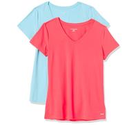 Amazon Essentials Women's Tech Stretch Short-Sleeved V-neck T-shirt (Available in Plus Size), Pack of 2, Blue/Neon Pink, S