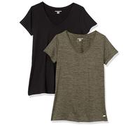 Amazon Essentials Women's Tech Stretch Short-Sleeved V-neck T-shirt (Available in Plus Size), Pack of 2, Black/Olive Space Dye, S