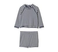 Amazon Essentials x Sofia Grainge Baby Boys' Two-Piece Long-Sleeve Rashguard and Shorts Set, Ivory Navy Even Stripe, 18 Months
