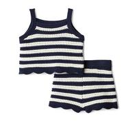 Amazon Essentials x Sofia Grainge Baby Girls Cotton Crochet Jumper Tank & Shorts Set, Mommy and Me Collection, Ivory Navy Polo Stripe, 18 Months