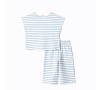 Amazon Essentials x Sofia Grainge Baby Girls' Cotton Pique Short-Sleeve T-Shirt & Trousers Play Set, Blue Uneven Thin Stripe, 12 Months