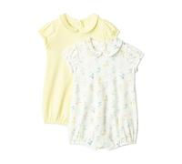 Amazon Essentials x Sofia Grainge Baby Girls' Cotton Short-Sleeve Romper Suit with Peter Pan Collar, Pack of 2, Light Yellow/Bouquets, 18 Months