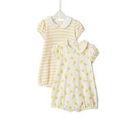 Amazon Essentials x Sofia Grainge Baby Girls' Cotton Short-Sleeve Romper Suit with Peter Pan Collar, Pack of 2, Lemon/Uneven Stripe, 18 Months