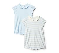 Amazon Essentials x Sofia Grainge Baby Girls' Cotton Short-Sleeve Romper Suit with Peter Pan Collar, Pack of 2, Light Blue/Stripes, 0-3 Months
