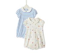 Amazon Essentials x Sofia Grainge Baby Girls' Cotton Short-Sleeve Romper Suit with Peter Pan Collar, Pack of 2, Sailboats/Uneven Stripe, 0-3 Months