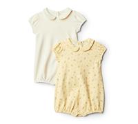 Amazon Essentials x Sofia Grainge Baby Girls' Cotton Short-Sleeve Romper Suit with Peter Pan Collar, Pack of 2, Ditsy Flowers/Ivory, 0 Months