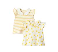 Amazon Essentials x Sofia Grainge Girl's Cotton Short-Sleeve Blouses with Ruffles, Pack of 2, Lemon/Uneven Stripe, 4 Years