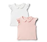 Amazon Essentials x Sofia Grainge Girl's Cotton Short-Sleeve Blouses with Ruffles, Pack of 2, Light Pink/White, 3 Years