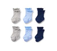 Amazon Essentials x Sofia Grainge Girls' Scallop Top Socks, 6 Pairs, Grey Heather/Light Blue/Navy, 4-5 Years