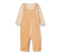 Amazon Essentials x Sofia Grainge Unisex Babies' Velour Overall and Long-Sleeve Bodysuit Set, Pack of 2, Light Camel/Stripes, 0 Months