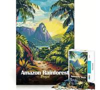 Amazon Rainforest Brazil Landscape Illustration 1000 Jigsaw Puzzle Cognitive Fun Play Clean Cut Sturdy Components Quiet Time Mind Exercise at Home (50x75cm)
