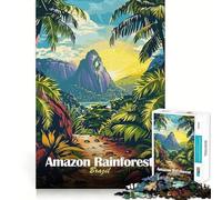 Amazon Rainforest Brazil Landscape Illustration 1000 Pieces Puzzles for Adults Mind Exercise Play Precision Cut Smooth Edges Relaxing Indoor Group Activity (38x26cm)