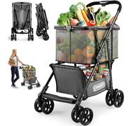 Amazonbasics Folding Shopping Cart; Multifunctional, Collapsible Cart with Removable Tote Bag and Swivel Wheels; Easy One-Hand Fold, Perfect for Groceries, Laundry, Camping Gear