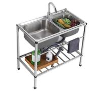 AMAZWI 2 Compartment Outdoor Commercial Restaurant Sink,Stainless Steel Double Free Standing Utility Sink with Cold Hot Water Faucet