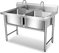 AMAZWI Large Double Bowl Sink 2 Compartment Free Standing Stainless Steel Utility Sink for Restaurant, Laundry, Garage(100-50-80cm)