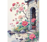 AMBATTERY 11CT Stamped Cross Stitch Kit, Flowers Blooming in Front of The Door Printed Cross Stitch Kits,DIY Embroidery Kits for Beginners 40x50cm