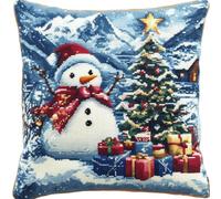 AMBATTERY Cross Stitch Cushion Cover, Christmas Snowman in Winter Needlework Pillow Kits 45X45cm Needlepoint Craft Set Cushion Kit pre Printed Handmade Cushion Cover Kit Stitched Cushion Kit