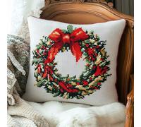 AMBATTERY Cross Stitch Cushion Cover, Christmas Wreath Needlework Pillow Kits 45X45cm Needlepoint Craft Set Cushion Kit pre Printed Handmade Cushion Cover Kit Stitched Cushion Kit