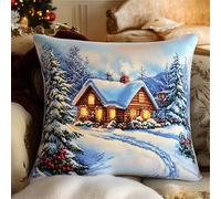 AMBATTERY Cross Stitch Cushion Kit, Winter Cabin Pillow Kit 45X45cm DIY Cushion Embroidery Kit Needlepoint Handmade Needlework Cushion Kit Stitched Pillow Cover Kit