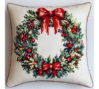 AMBATTERY Cross Stitch Pillow Kit, Christmas Wreath Cushion kit 45X45cm Needlepoint Craft Set Cushion Kit pre Printed Handmade Cushion Cover Kit Stitched Cushion Kit