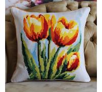 AMBATTERY Cross Stitch Pillow Kit, Tulip Flowers Embroidery Kit Printed Cross Stitch Cushion Kits Embroidery Cushion Kit for Creative Home Décor - Needlework Kit for Beginners