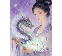 AMBATTERY DIY Cross Stitch Kit with Beads Eastern Women and Dragons Beadwork Craft Kit for Beginners,Needlework Set,Preprint Pattern Decor Wall Art 50x60cm