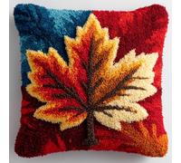 AMBATTERY DIY Latch Hook Cushion Cover Kits Red Maple Leaves Latch Hook Pillow Case Embroidery Kit, DIY Carpet Needlework Crochet Craft Kits, Sofa Cushion Cover 17x17inch