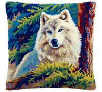 AMBATTERY DIY Latch Hook Pillow Kit Forests White Wolf AnimalsDIY Latch Hook Kits for Adults Carpet Cushion Crocheting Pillowcase Rug Sewing Craft Kit Creative Gift 17x17in