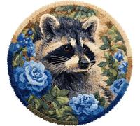 AMBATTERY DIY Latch Hook Rug Kit for Aldult, Raccoons and Flowers Round Carpet with Preprinted Pattern 50x50cm Yarn Hooking Crochet Rug Mat Home Floor Mat Decor
