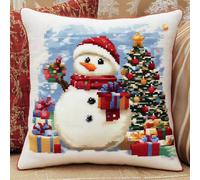 AMBATTERY DIY Needlework Pillow Kits, Snowman and Christmas Tree Embroidery Pillow Canvas Cushion Cross Stitch Pillowcase Printed Cross Stitch Pillow Kits Stitched Cushion Kit 45x45cm