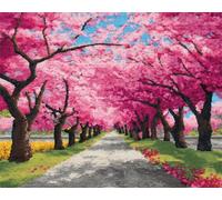 AMBATTERY Landscape Tapestry Kit Pink Flowering Tree DIY Crochet Kit Embroidery Set Rug Making Canvas Kits Needlework Crafts for Home Decor 33x45in