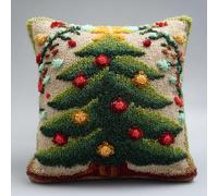 AMBATTERY Latch Hook Cushion Cover Kit, Christmas Tree Pillow Case Rug Cover Beginner DIY Needlework Embroidery Kits Handmade Set,43X43cm