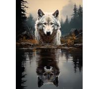 AMBATTERY Latch Hook Cushion Kit - Wolf & Water Reflection DIY Rug Kit with Printed Canvas 31x45in
