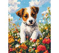 AMBATTERY Latch Hook Cushion Kits Cartoon Dogs and Flowers Printed Canvas Crochet Needlework DIY Craft Rug Cushion Mat Tapestry Knitting Kits for Adults with Instructions 35x46in