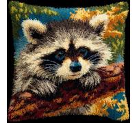 AMBATTERY Latch Hook Cushion Kits for Adults Animal Raccoon 43x43cm Rug Cover Pillowcase Kids Beginner DIY Needlework Embroidery Kits Handmade Set Craft Sofa Home Decor