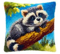 AMBATTERY Latch Hook Cushion Kits for Adults Beginners Animal Raccoon Pillow Cover Making Crochet Craft Kits Pre Printed Canvas Wool Yarn DIY Sofa Home Decor 17x17in