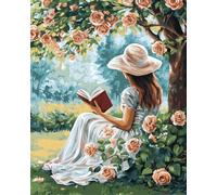 AMBATTERY Latch Hook Cushion Kits Woman Reading A Book And Roses Printed Canvas Crochet Needlework Diy Craft Rug Cushion Mat Tapestry Knitting Kits For Adults With Instructions 21x29in